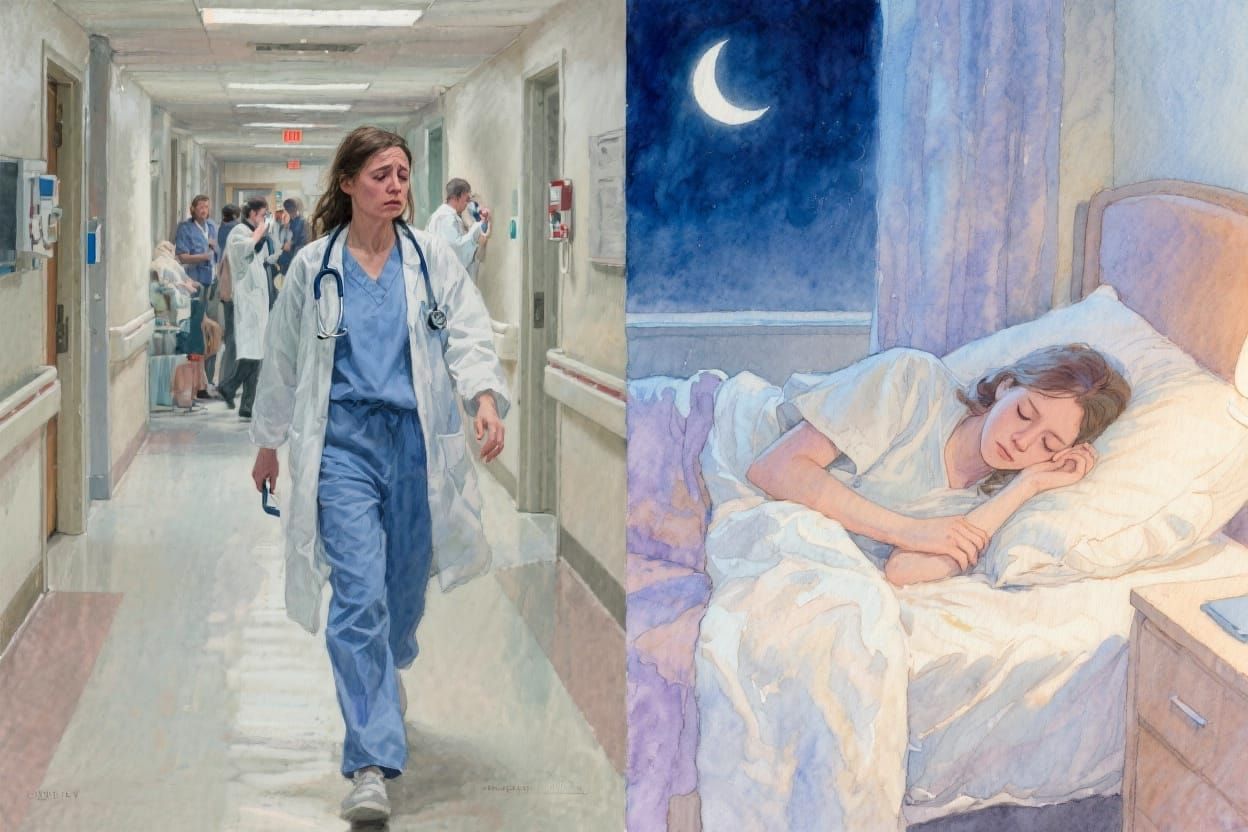 The busy young doctor is dreaming of sleep