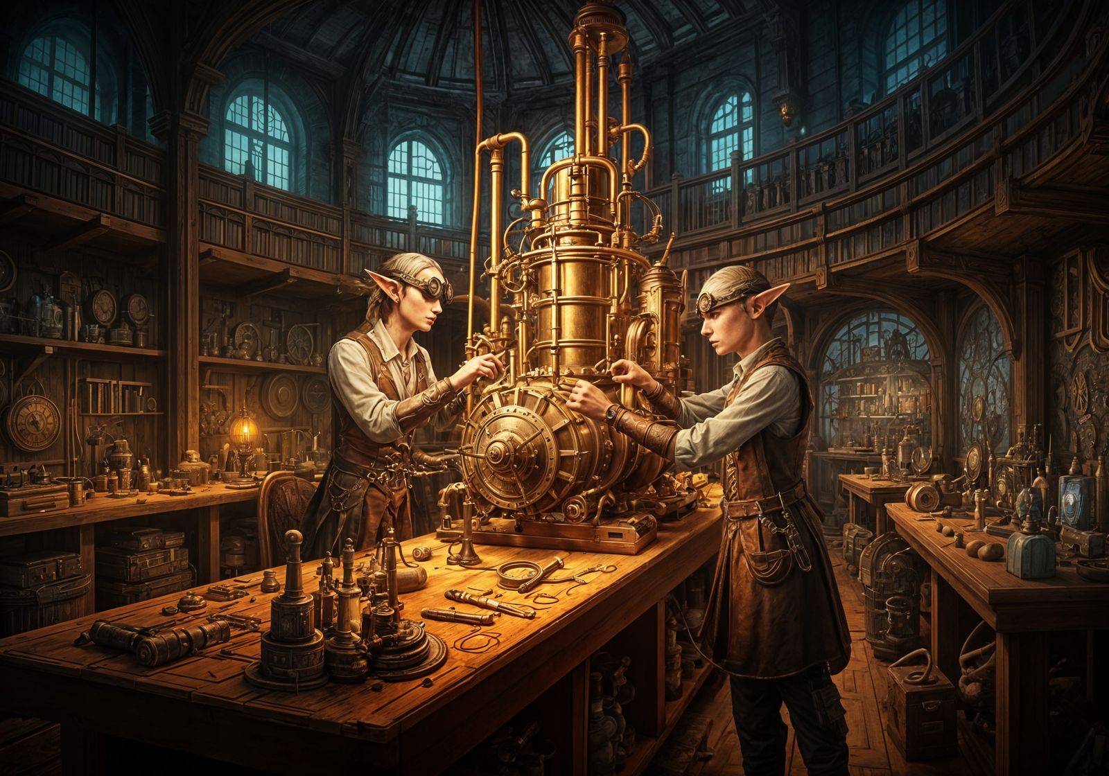 Steampunk Elves in a Futuristic Workshop
