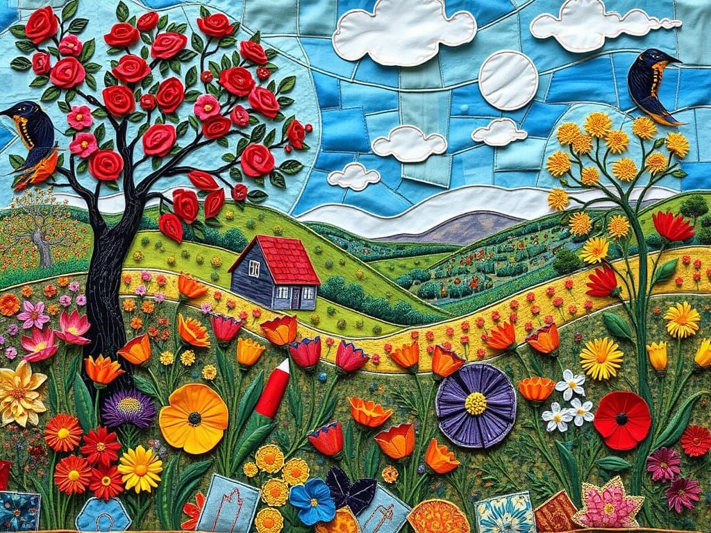 Naive Style Patchwork Scene with Vivid Colors