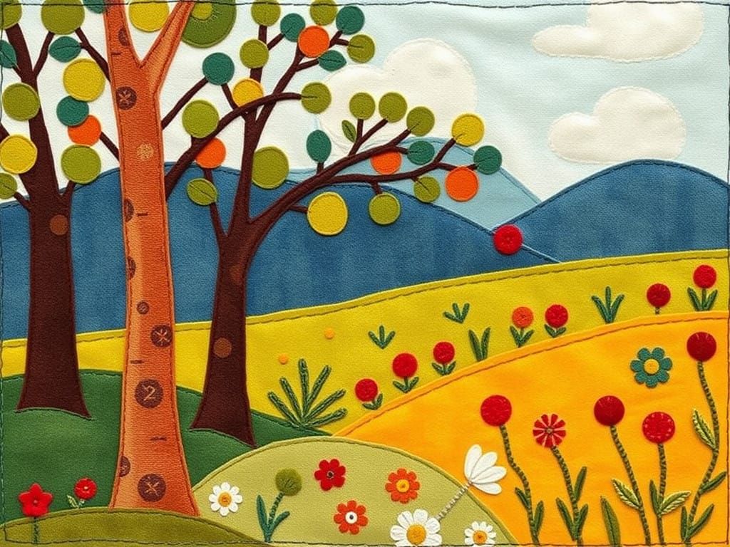 Naive Style Patchwork of Outdoor Scene with Quilting