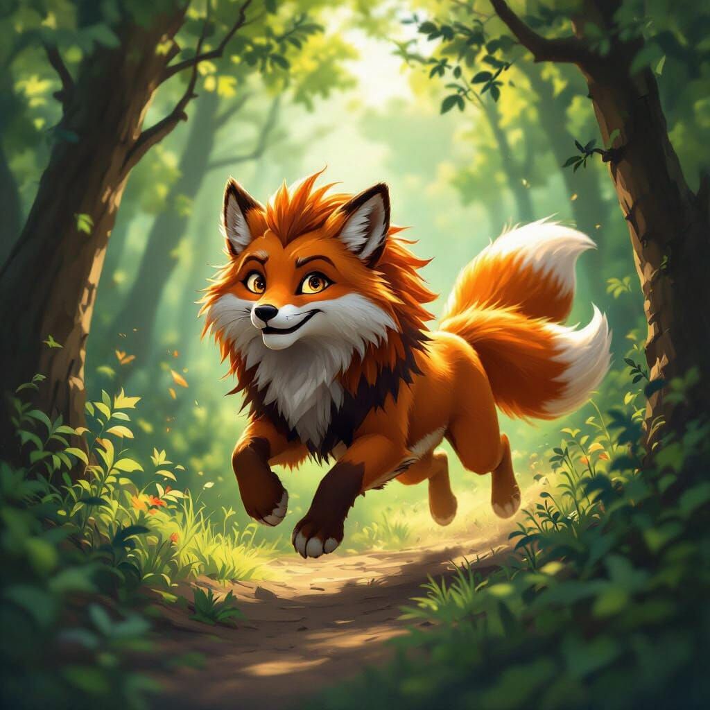 Lion as Fox Leaping in Sun-Dappled Forest