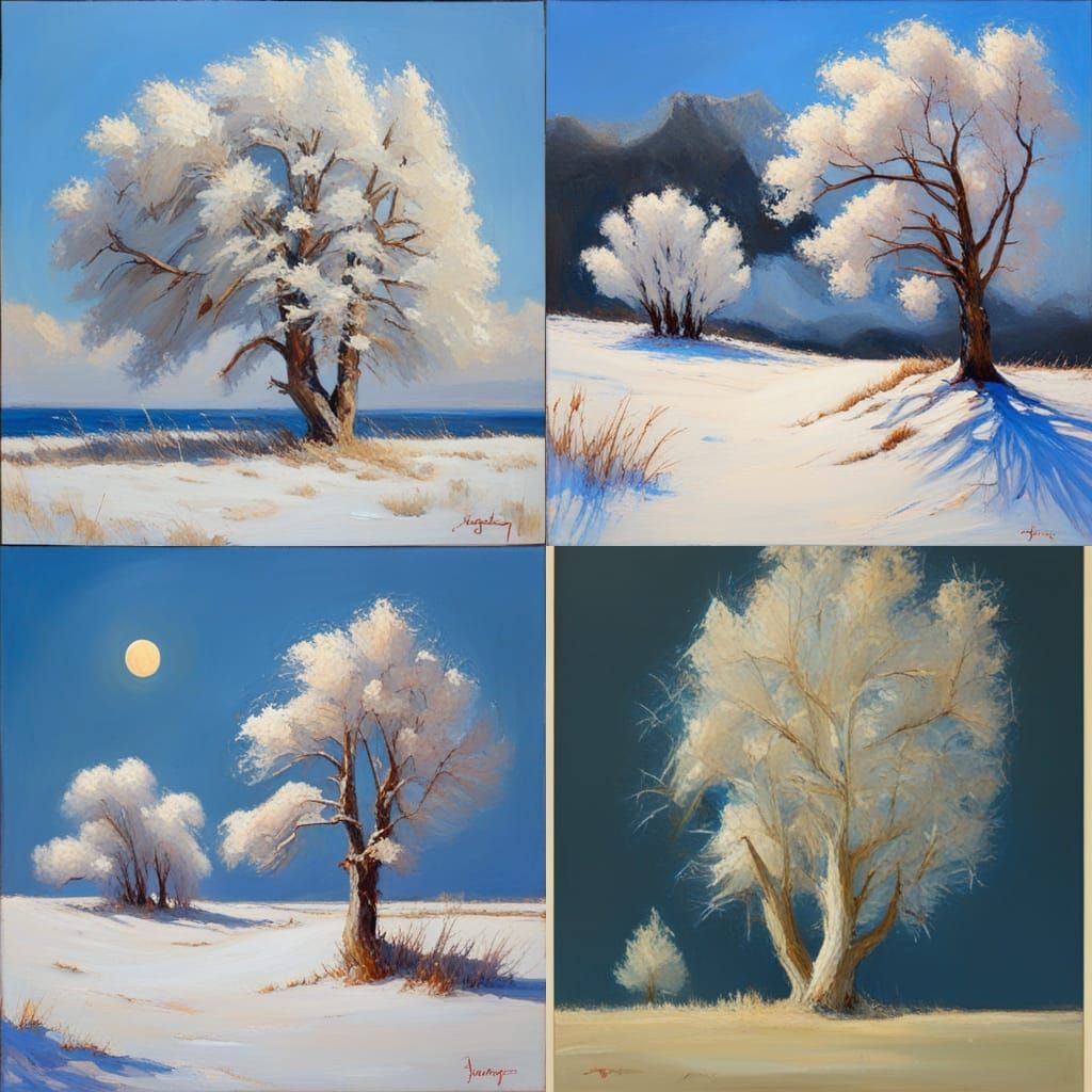 White Tree Under Blue Eclipse: Oil Painting