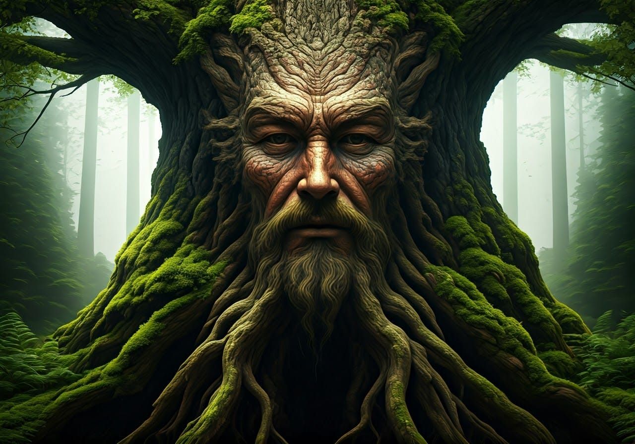 Ancient Oak Tree Goddess in a Lush Woodland