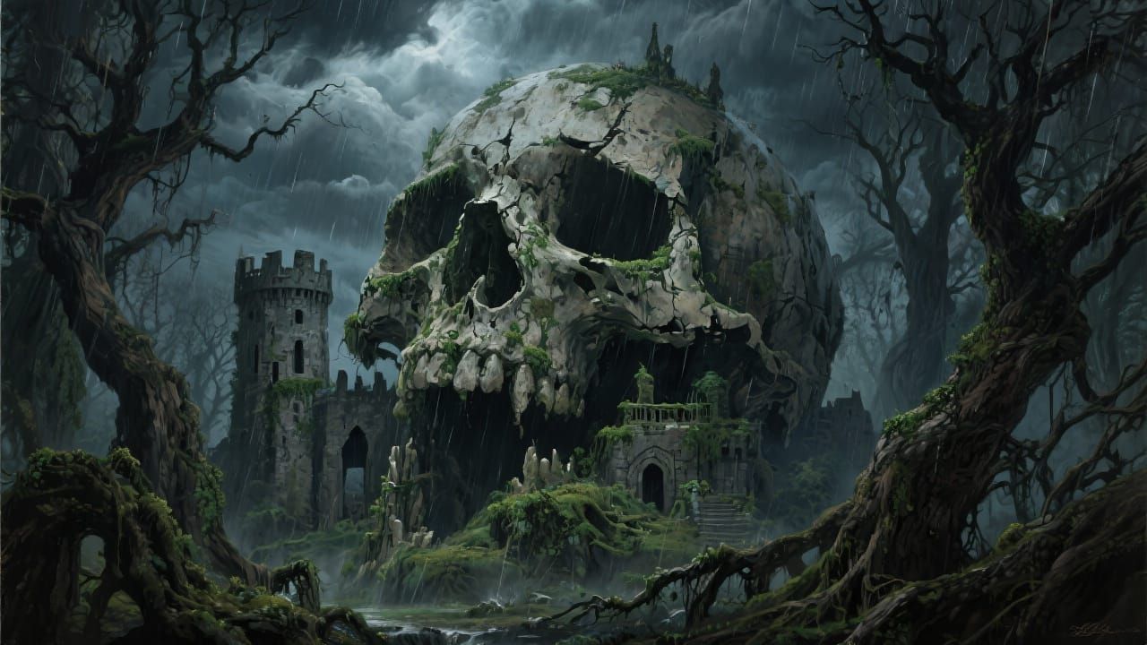 Frazetta-Inspired Skull Castle in Dark Forest