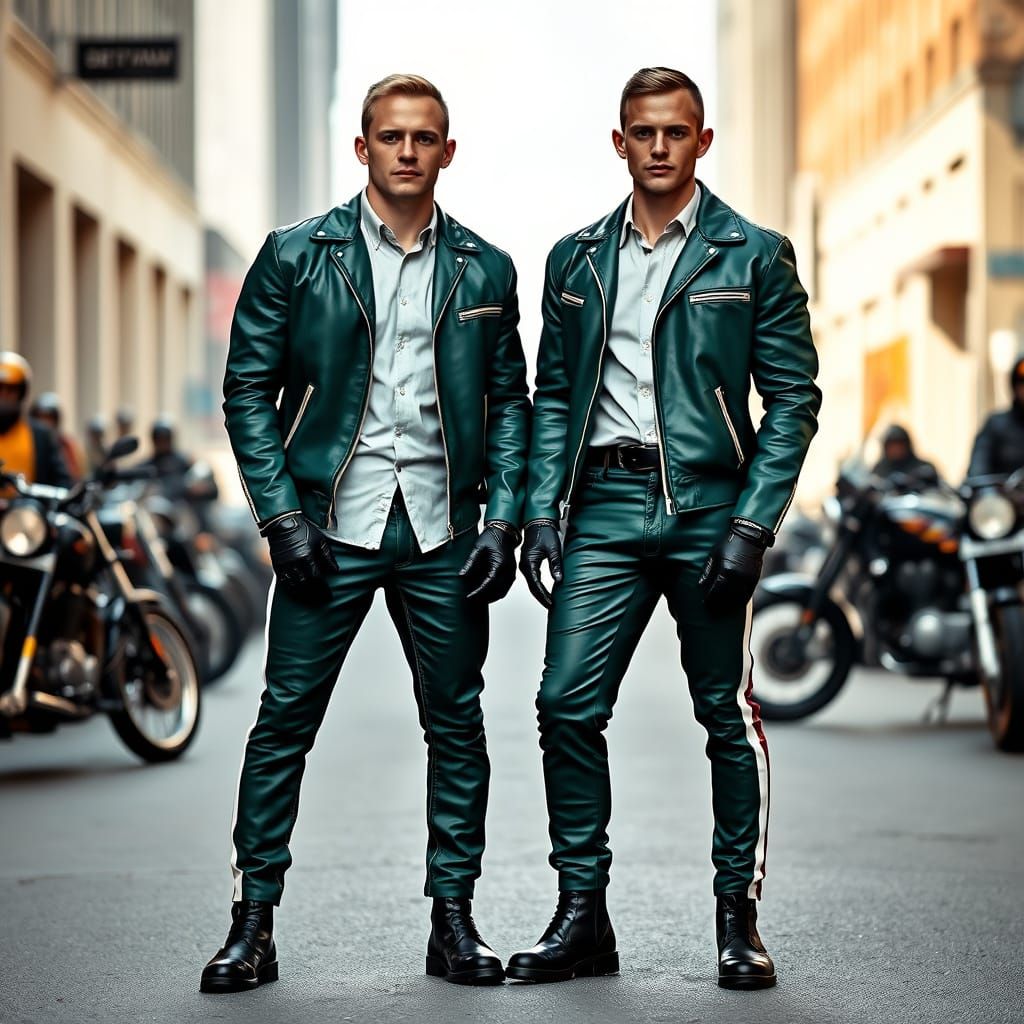 Confident Companions in Emerald Green Leather Jackets