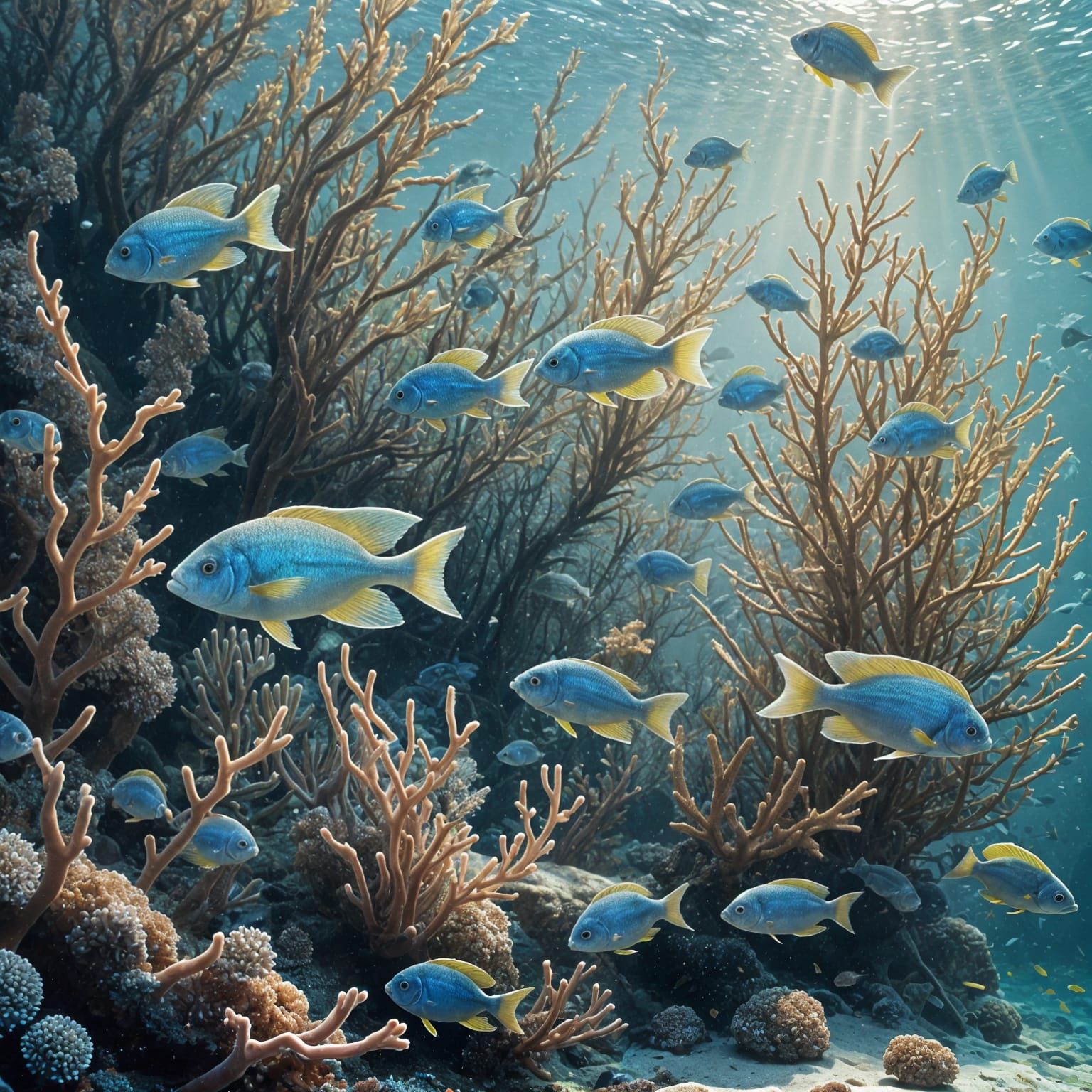 Damselfish in Ocean Floor Scene, in Vibrant Aquatic Art