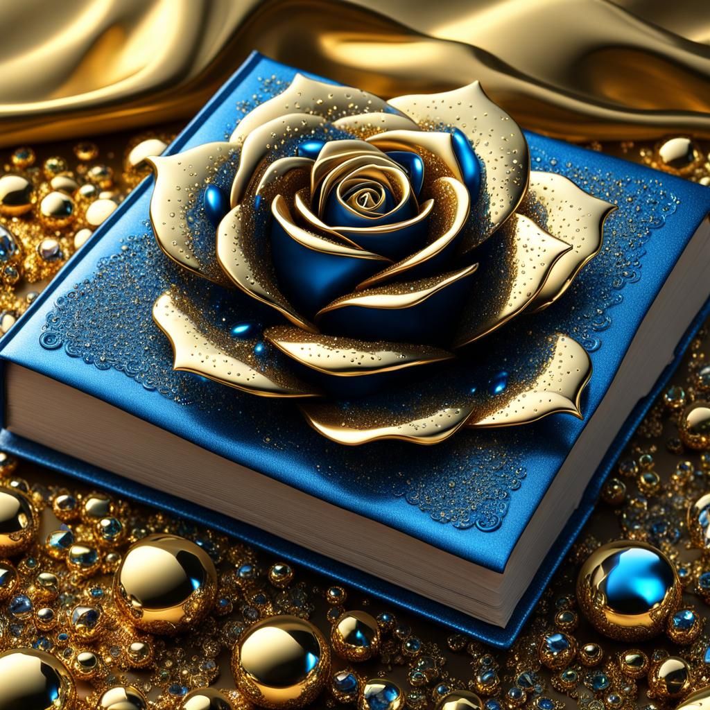 Metallic Rose with Dewdrops and Open Book