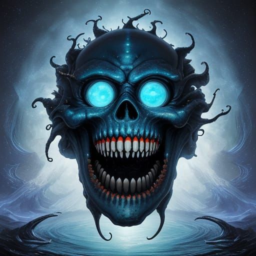 Eldritch Blue Titan With Terrifying Cosmic Grin