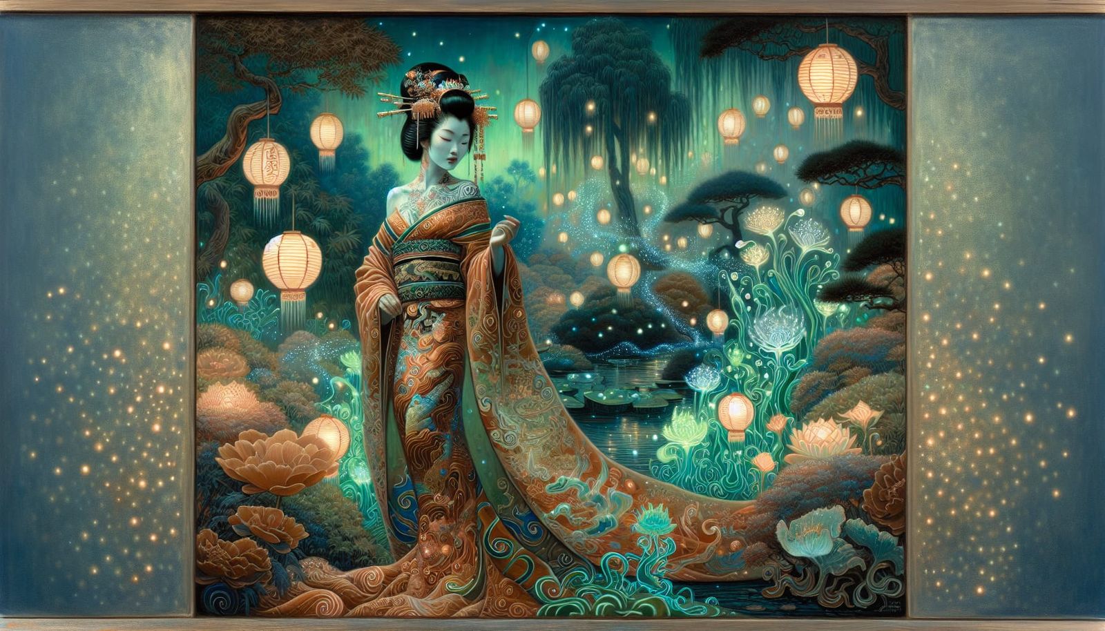 Geisha in Magical Garden: Gouache Impasto Painting