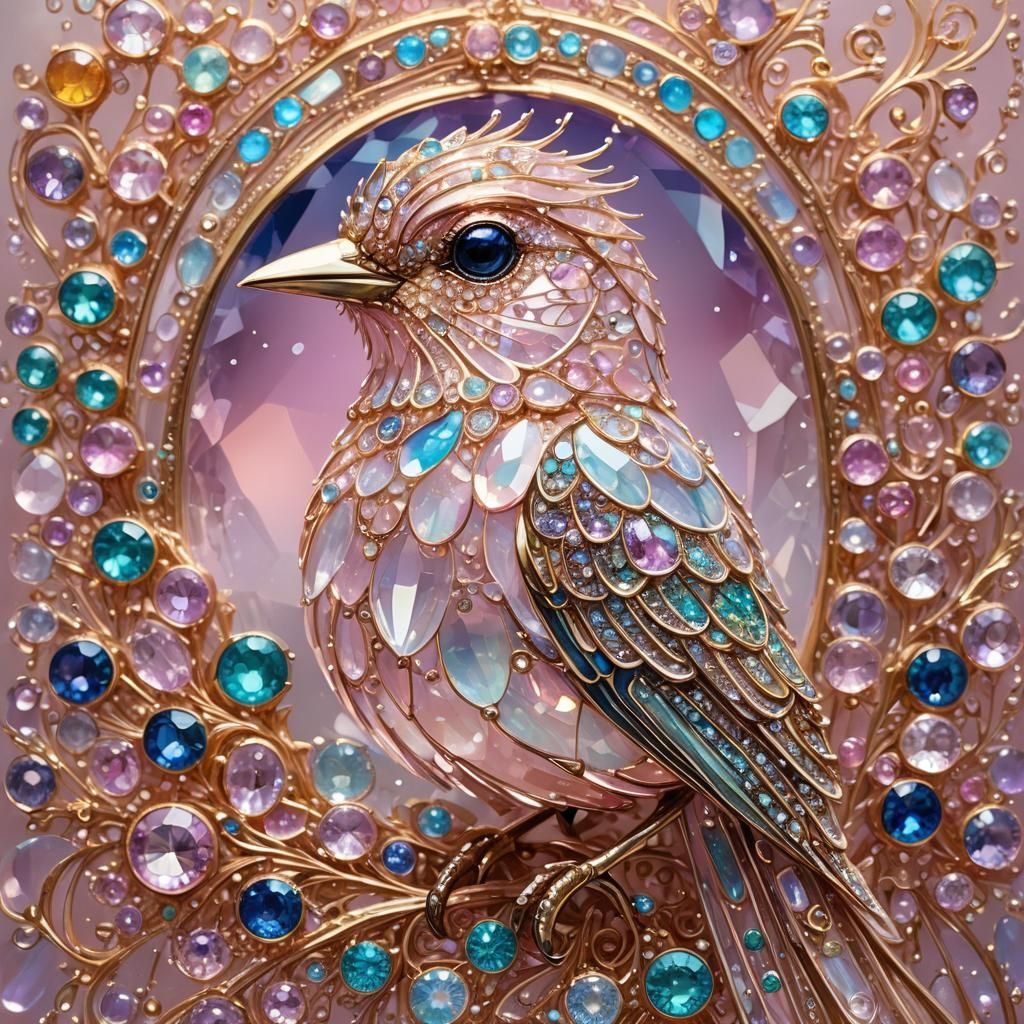 Pink Sapphire Crystal Bird with Golden Filigree