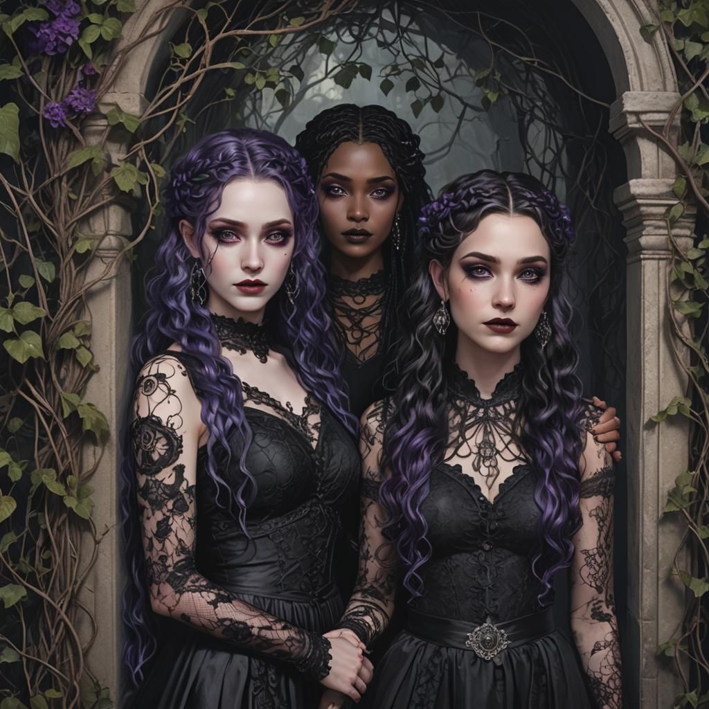 Gothic Fantasy Women in Shadowy Alcove