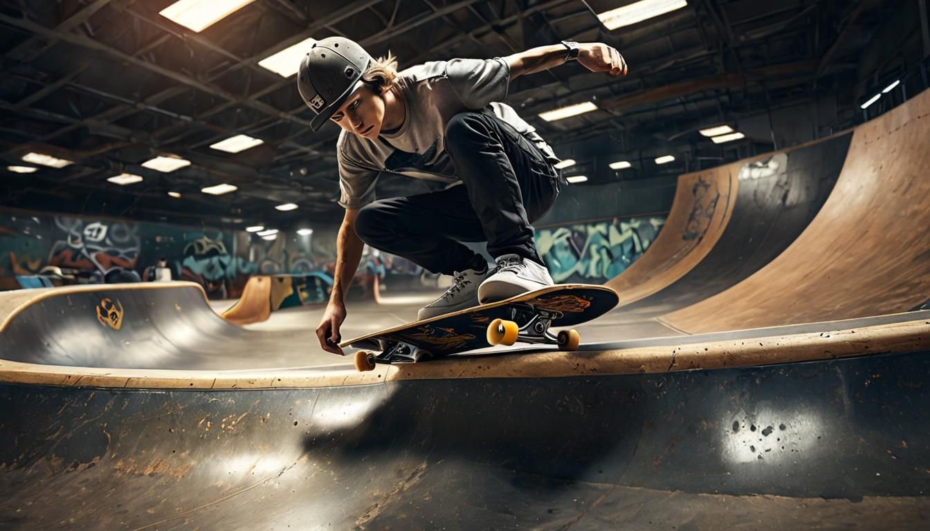 Hyperrealistic action portrait of a young skateboarder with ...