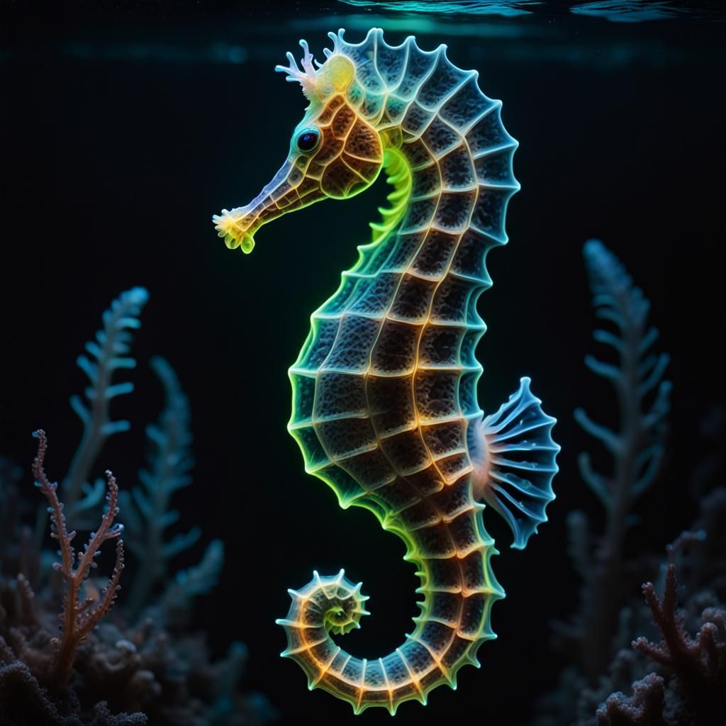 Neon Bioluminescent Seahorse in Dark Water