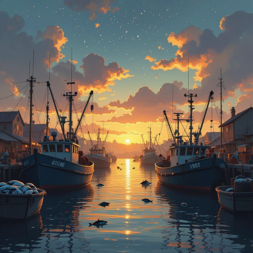 Bustling Harbor Fish Market at Sunrise