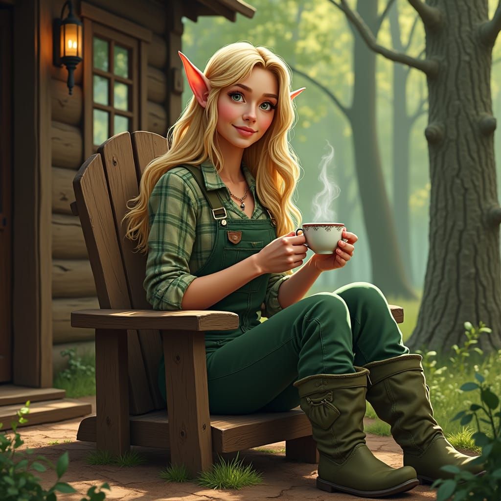 Elf with Work Boots Sipping Tea Outdoors