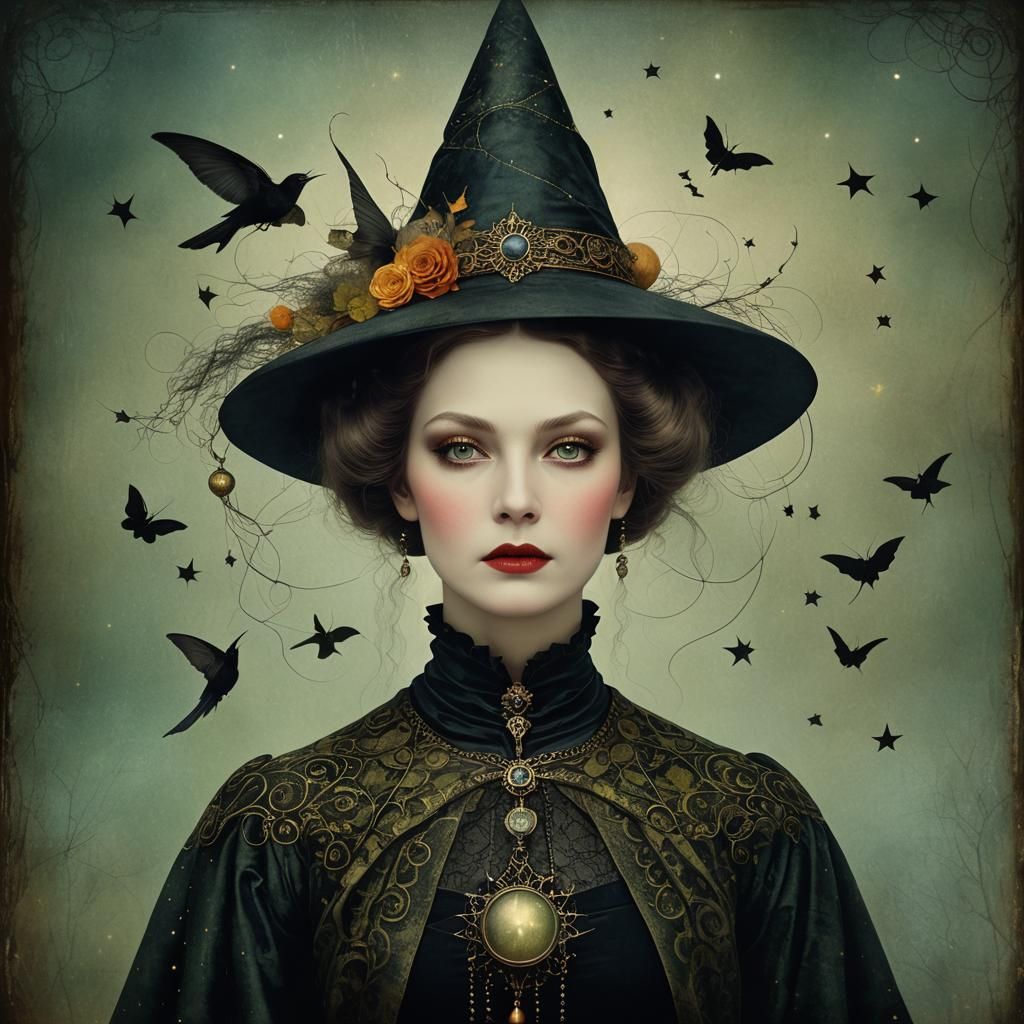 Whimsical Witch Portrait in Surreal Digital Art Style