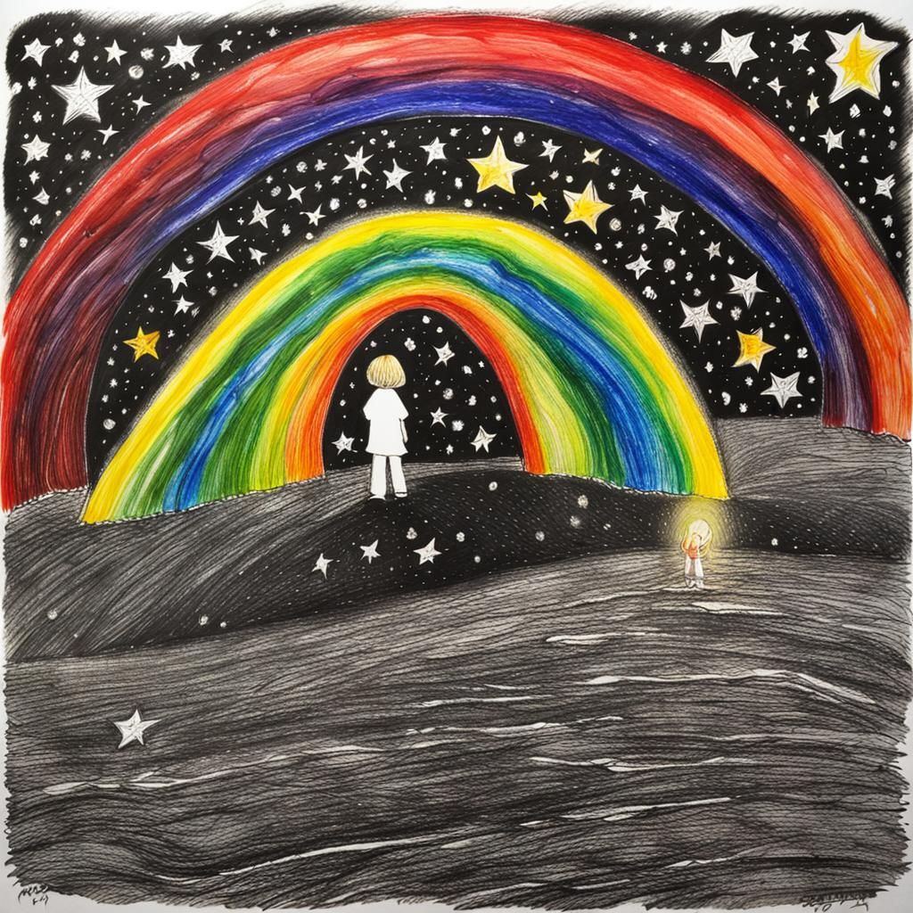 Rainbow Fairy Child in Starry Night Crayon Drawing