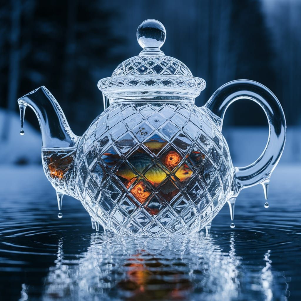 Crystalline Ice Teapot Sculpture on Frozen Lake