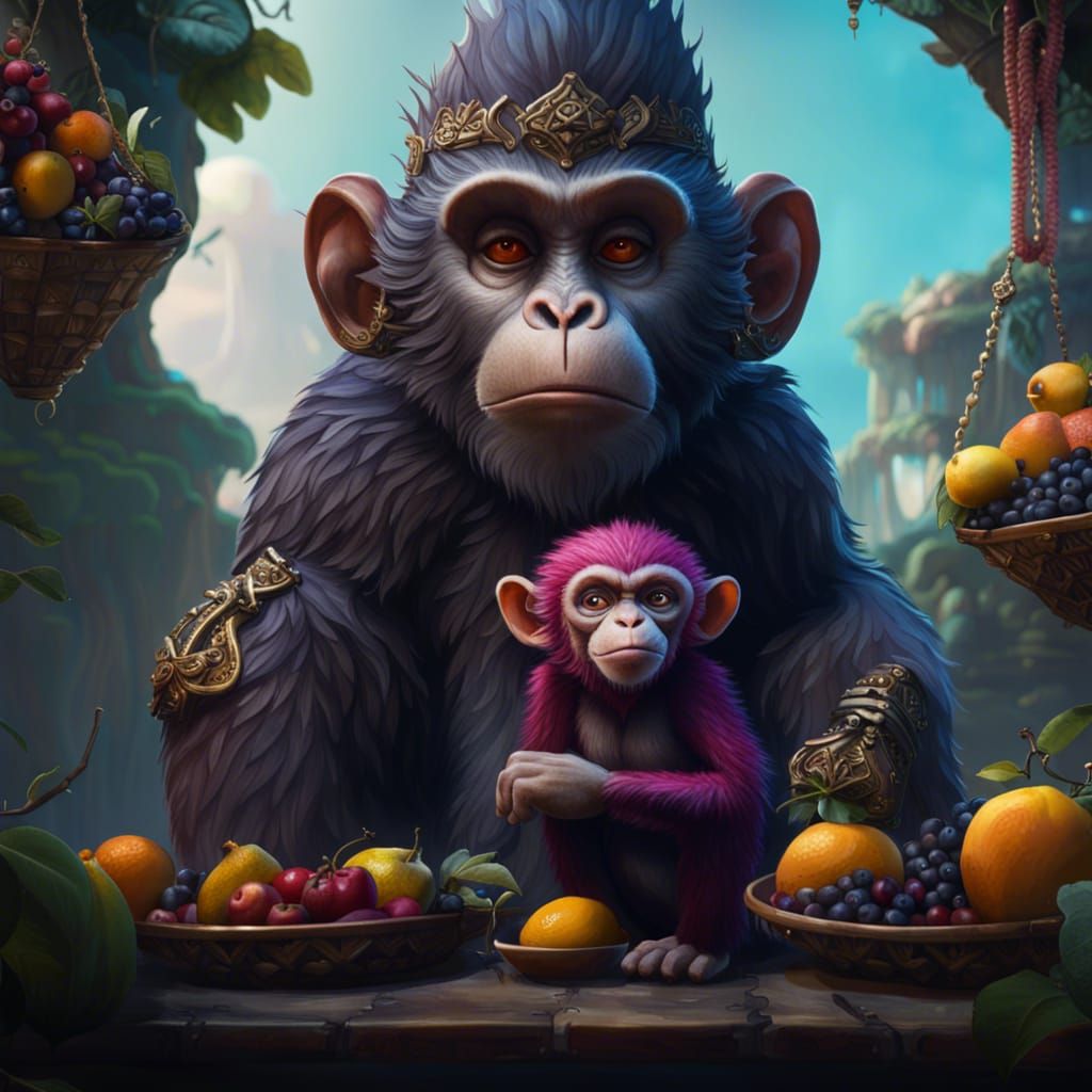 Monkeys and Fruit Stand in Detailed Matte Painting