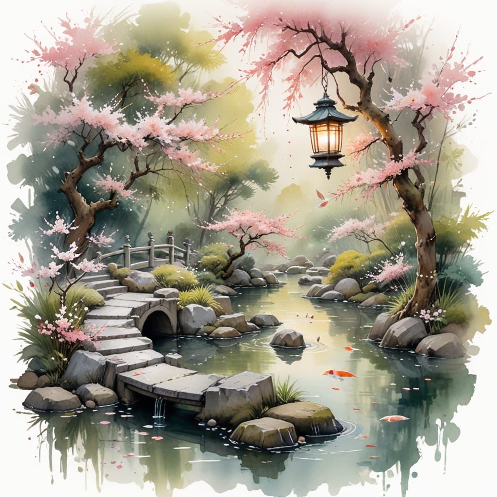 Spring Cherry Blossom Japanese Tea Garden Watercolor