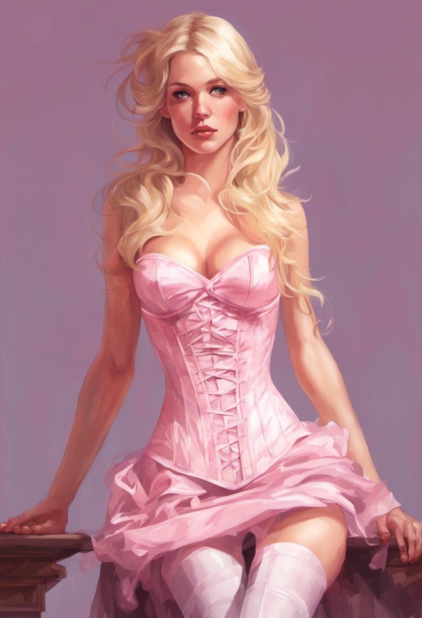 Blonde in Pink Corset Dress: Hyperdetailed Portrait