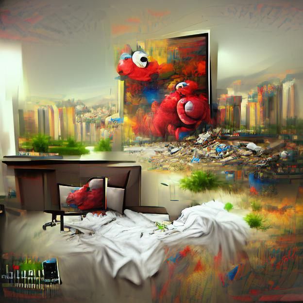 Elmo in a Trashed Hotel Room: Digital Illustration
