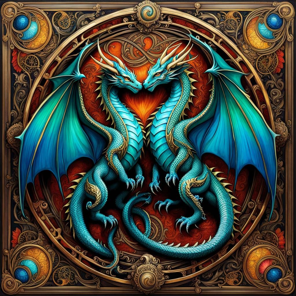 Colorful Dragons in Steampunk Art Nouveau Style