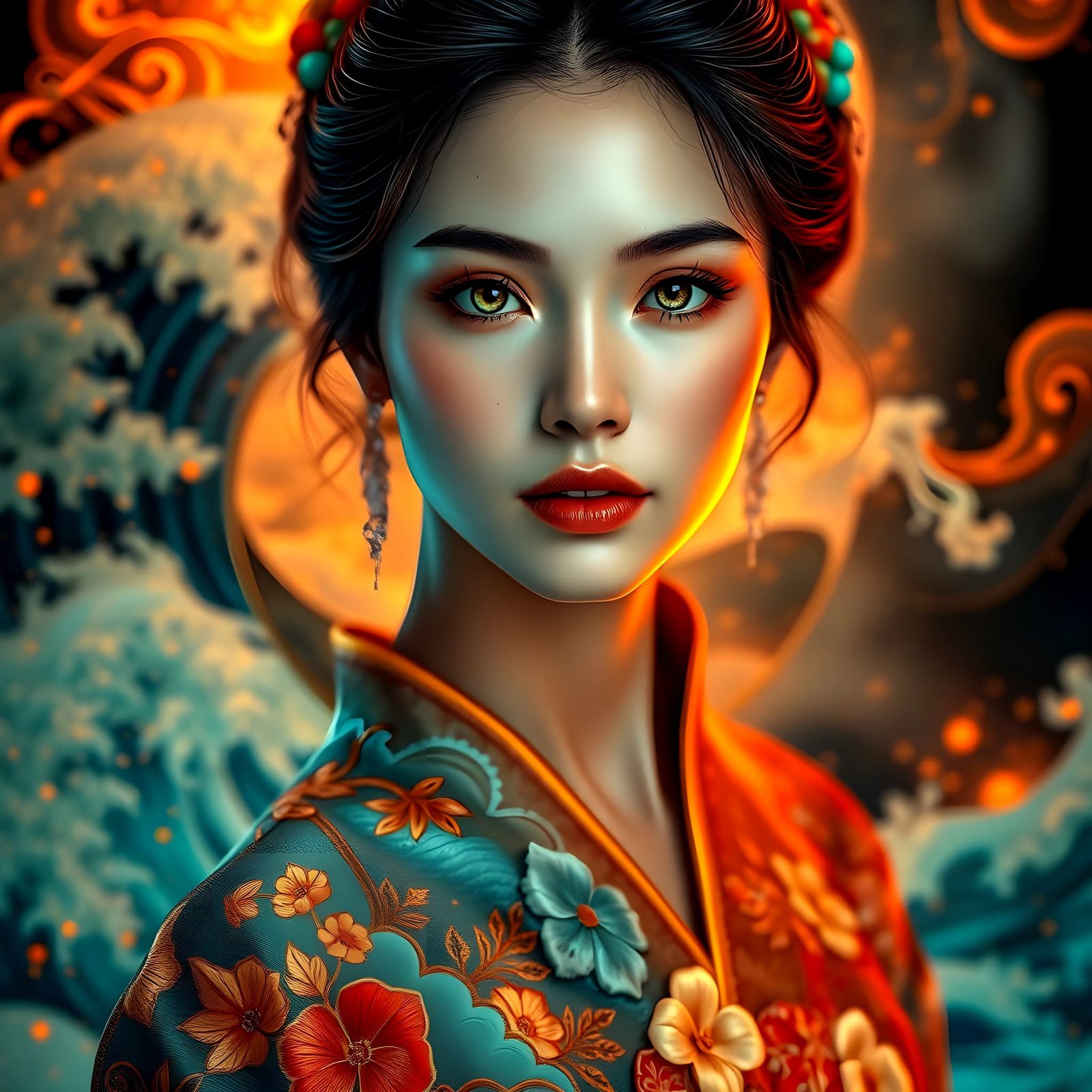 Elegant Cyberpunk Model Captured in a Flourishing Scene