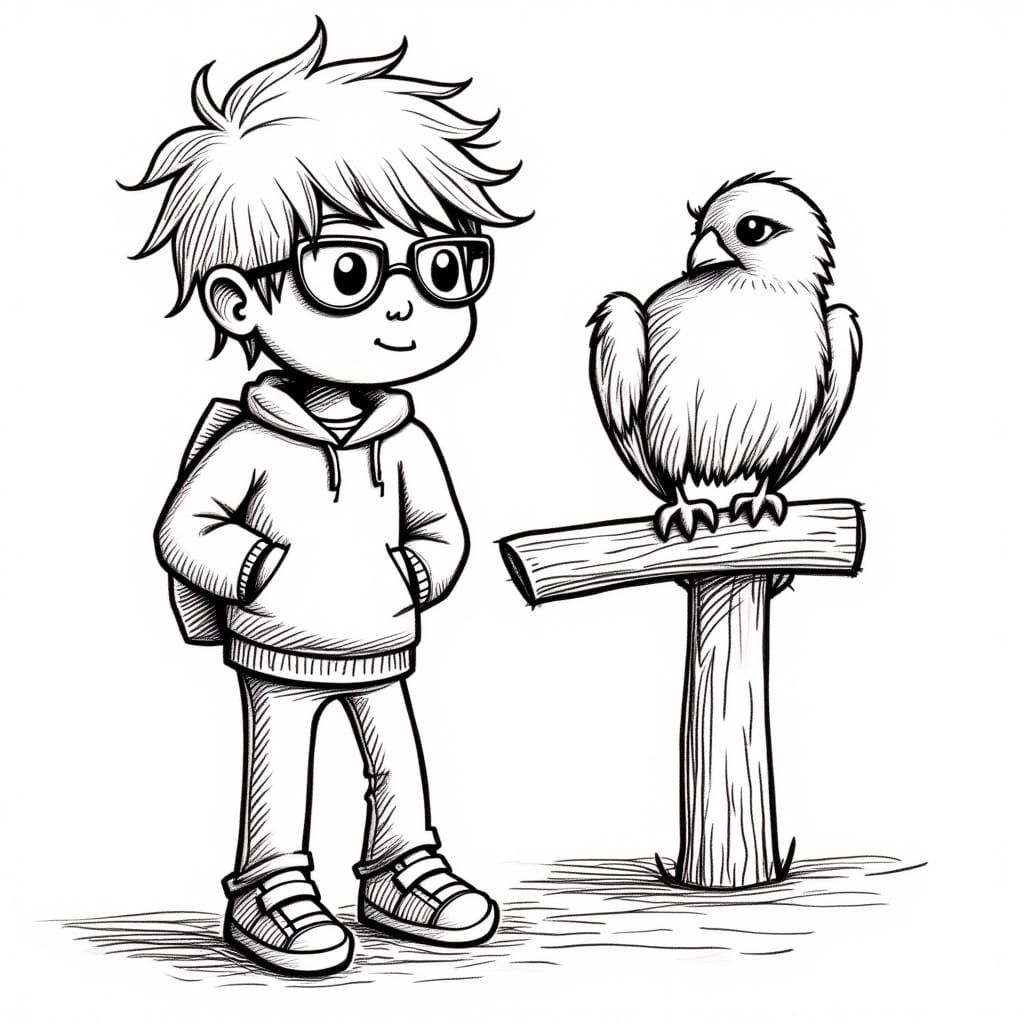 Boy and Falcon Line Art for Coloring Book