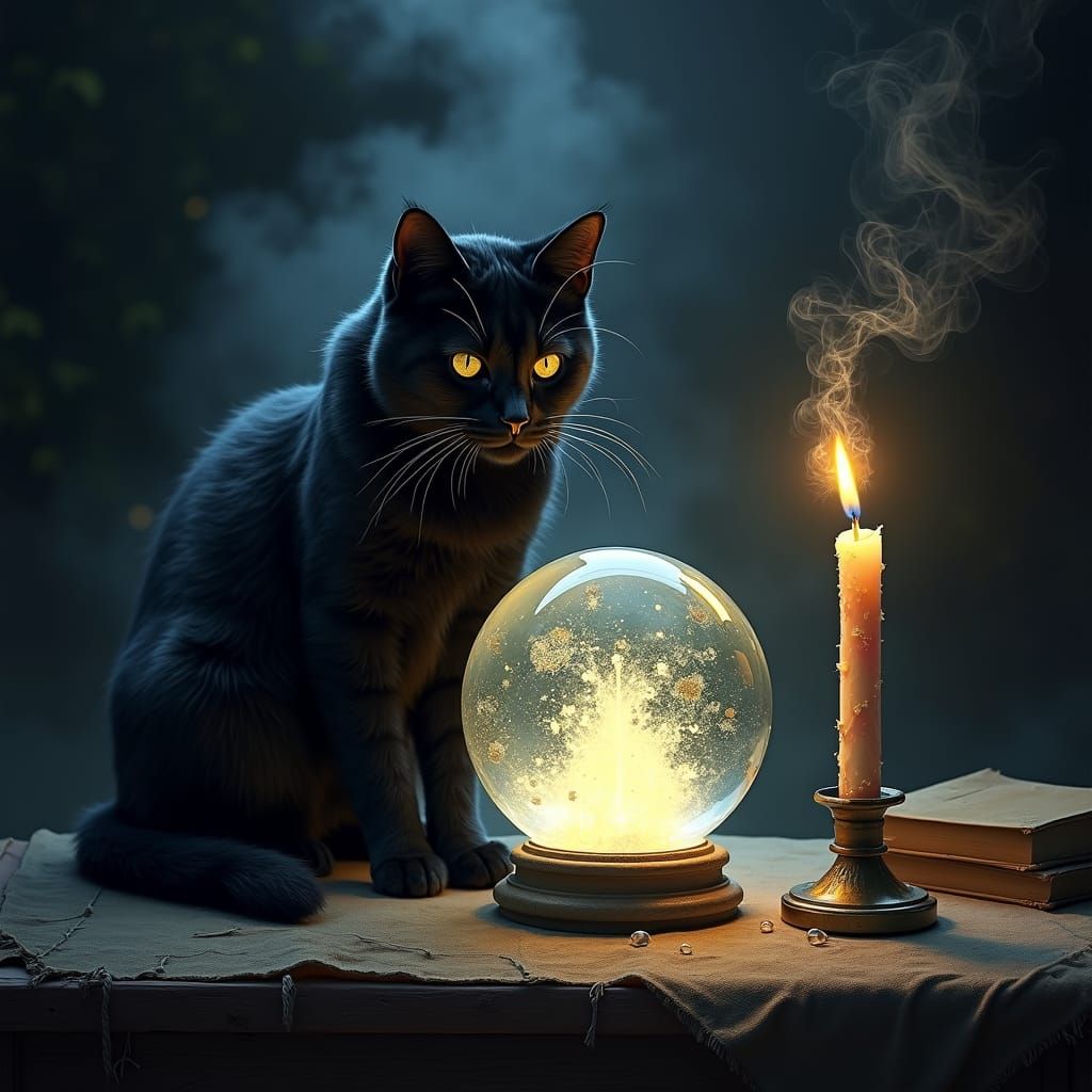 Mystical Cat and Crystal Ball, Fantasy Art