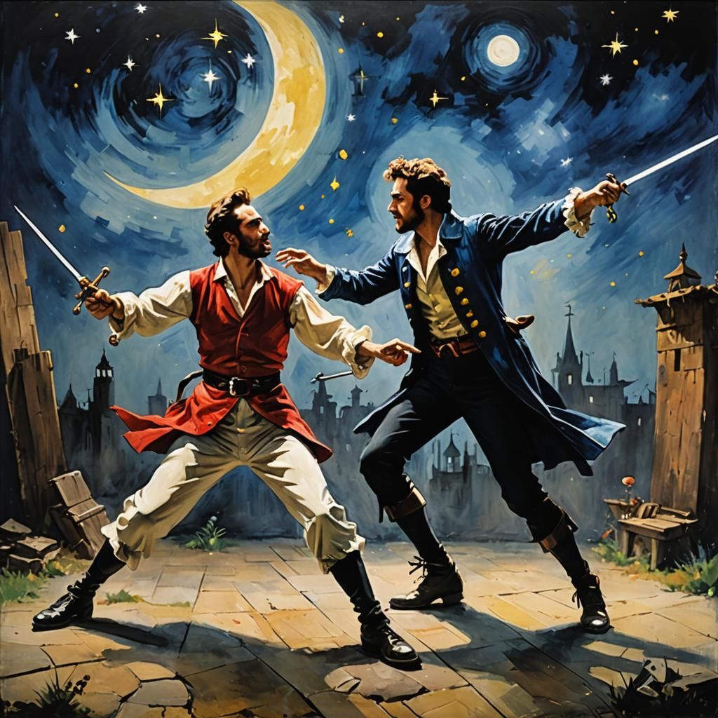 Fantasticks: Mock Sword Duel in Surrealist Style