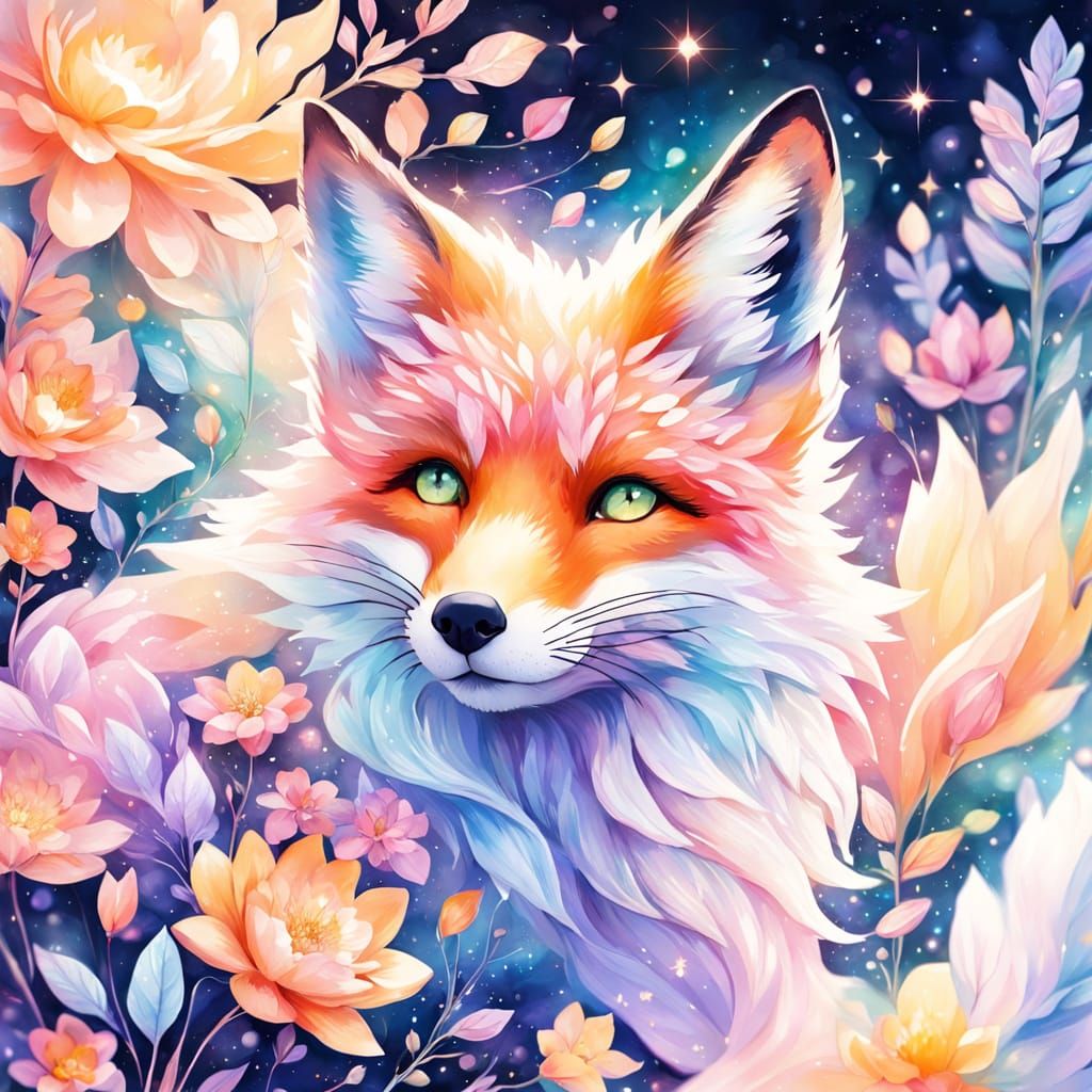 Cosmic Fox Sniffs a Fantasy Flower: Watercolor Art