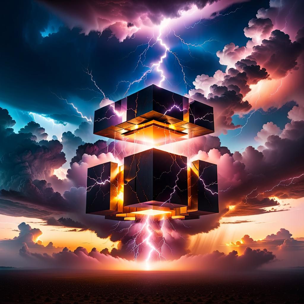 Colorful Floating Square Amidst Clouds and Lightning