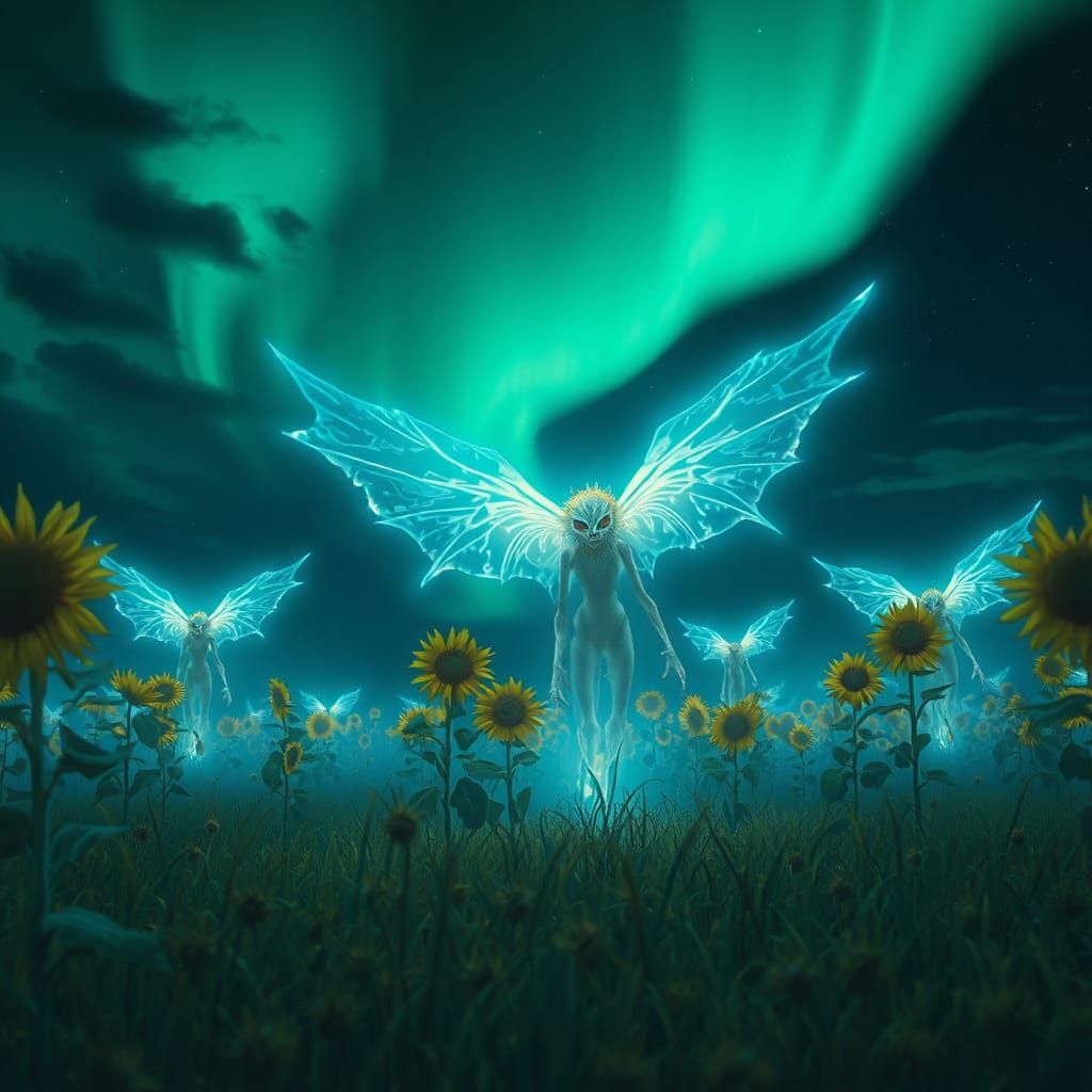Ethereal Monsters in Sunflower Field with Northern Lights