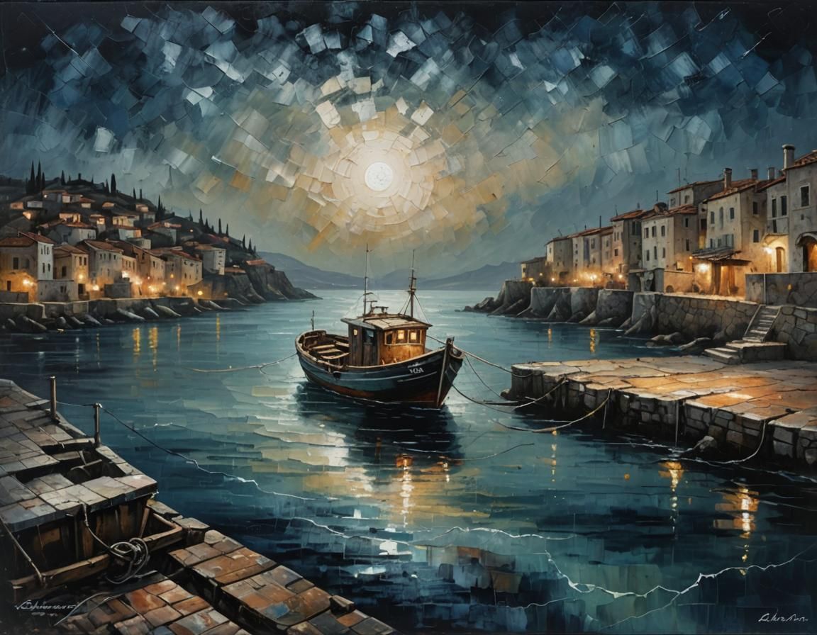 Rustic Fishing Boat at Night: Acrylic Masterpiece
