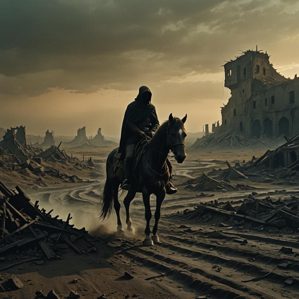 Ghostly Rider on Pale Horse in Ruined Landscape