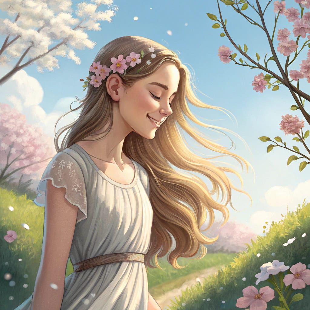 Beautiful Girl with Flowing Hair in the Wind