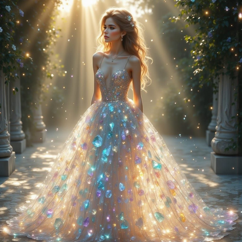 Ethereal Woman in Shimmering Glass Dress
