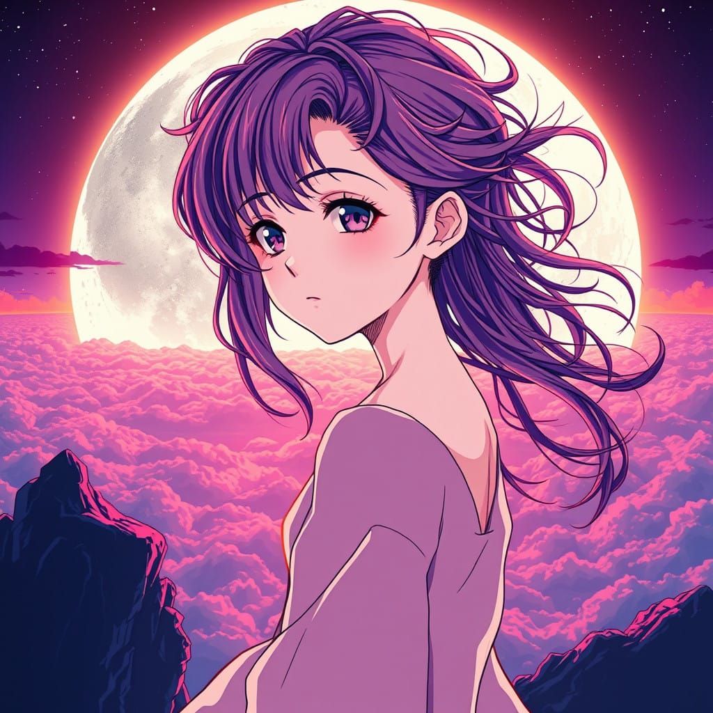 Surreal Anime Girl Embracing a Dreamy Moonlit Landscape in C...