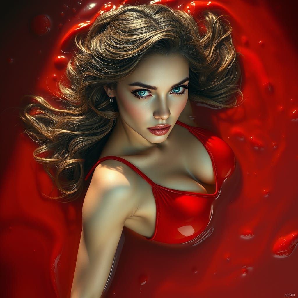 Surreal Hyperrealistic Goddess Swims in Crimson Sauce