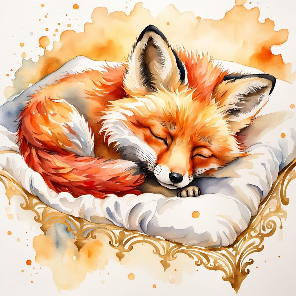 Baby Red Fox Asleep in Watercolor Painting