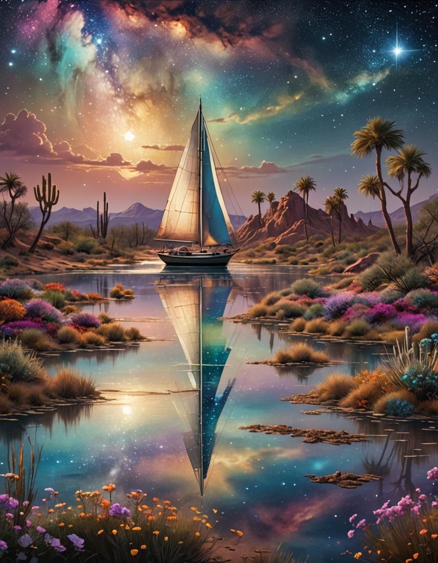 Fantasy Sailboat in Desert Galaxy Landscape