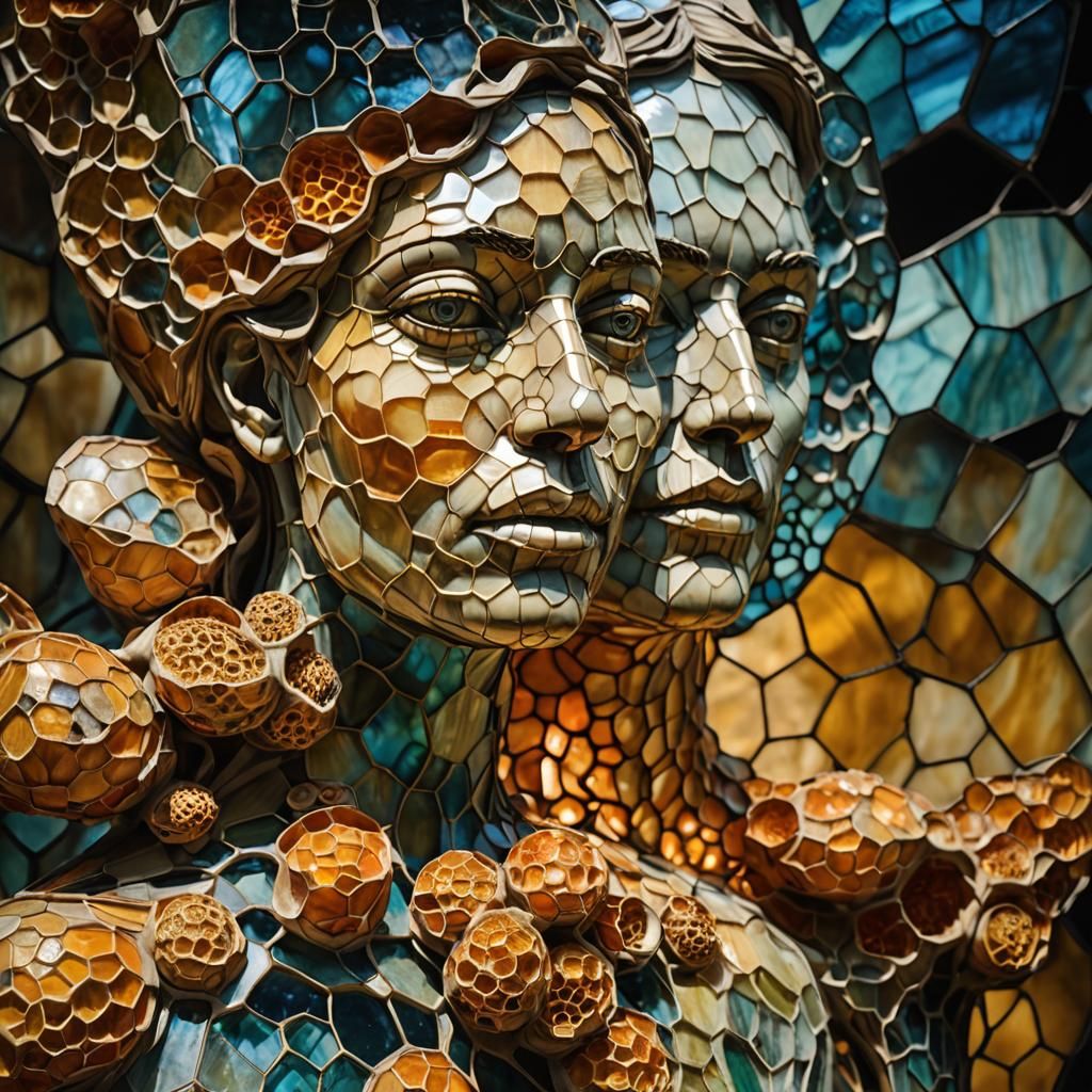 Surreal Coral Sculpture with Honeycomb Face in Impasto