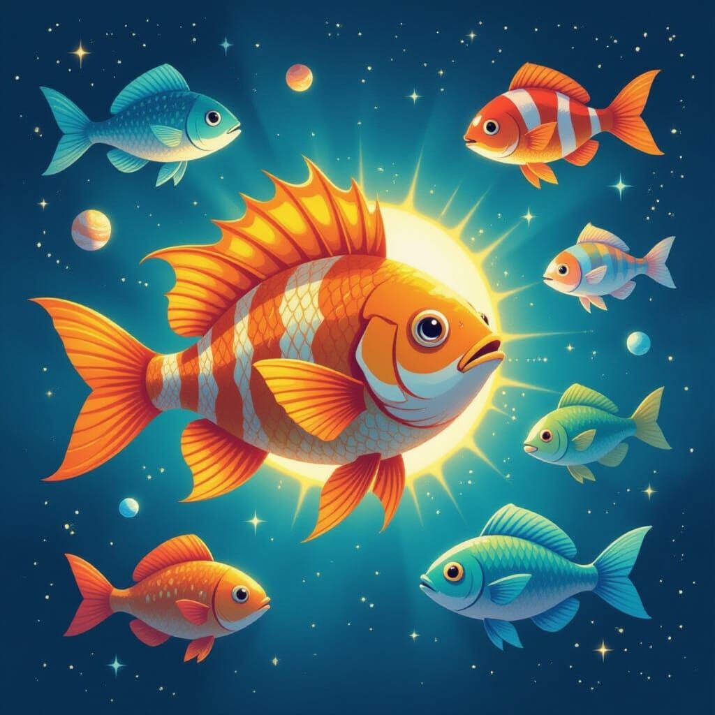 Solar System Planets as Fish in Whimsical Digital Painting