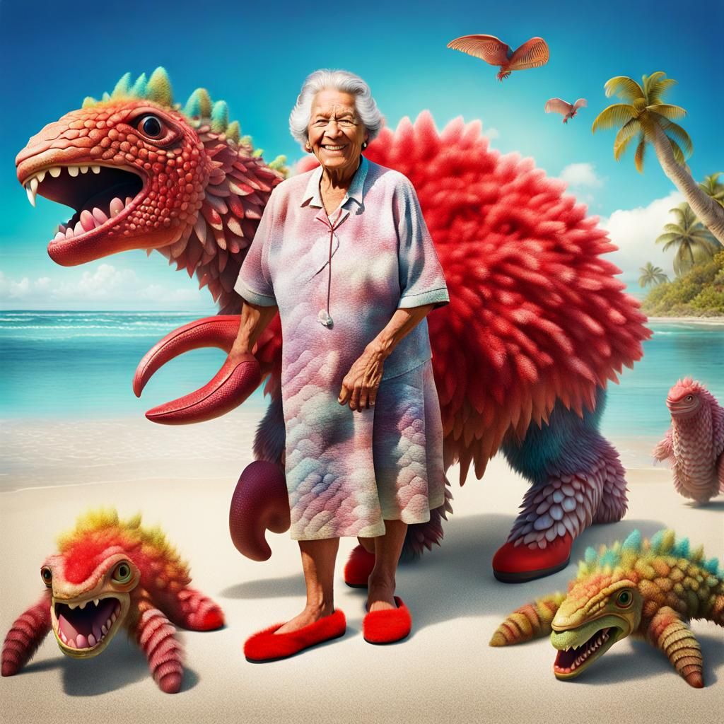 Whimsical Beach Scene with Smiling Polynesian Woman