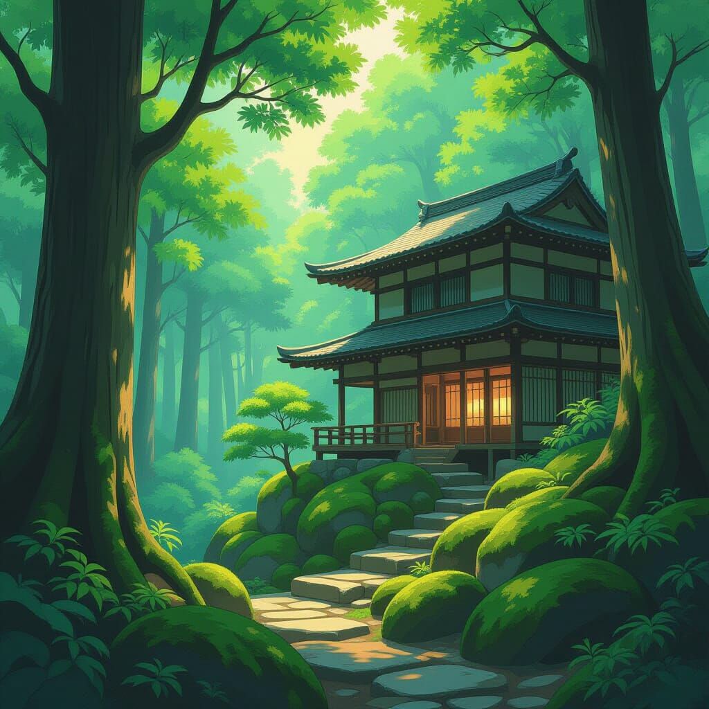 Japanese Hillside Home in Lush Forest, Natural Light