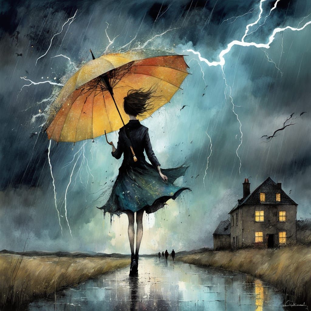Whimsical Lightning Storm Illustration with Woman