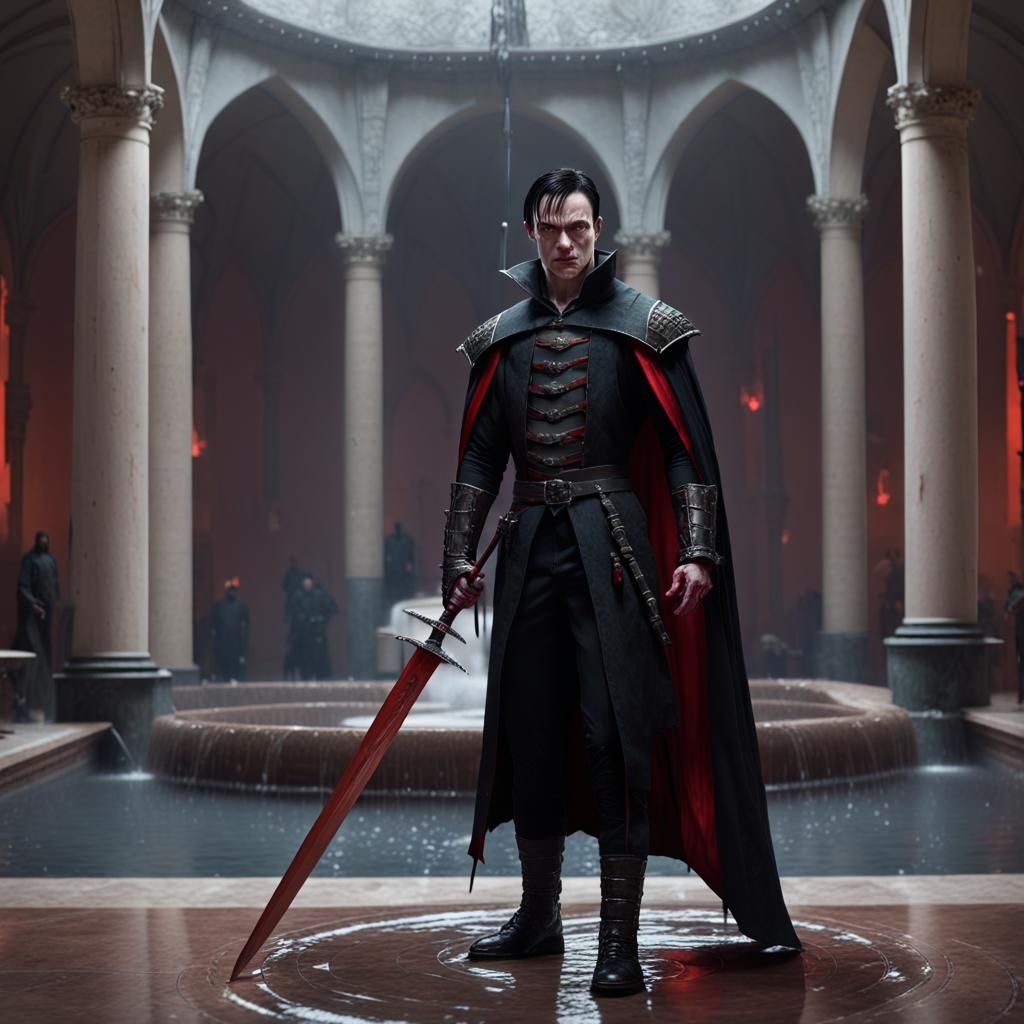 Sinister Vampire Warrior in Gloomy Hall