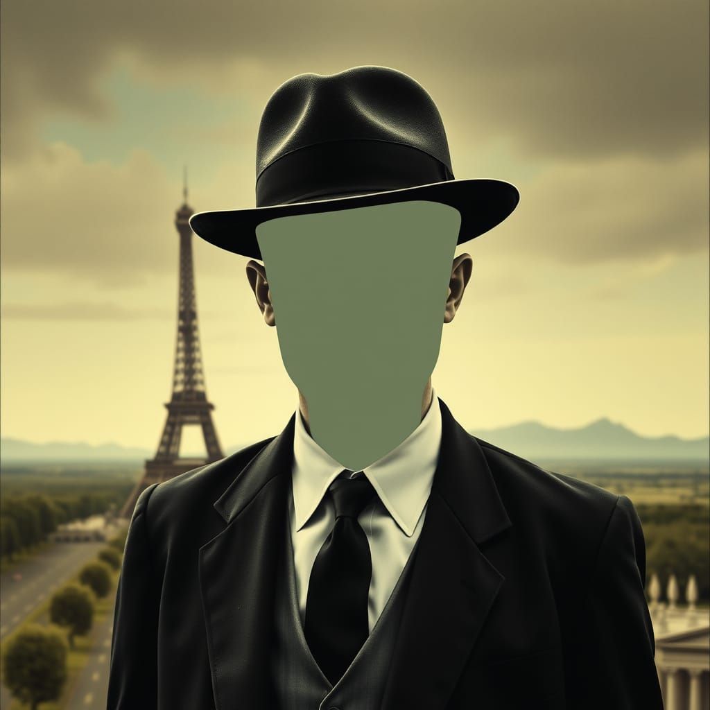 Surreal Void: Bowler-Hatted Man in Ambiguous Landscape