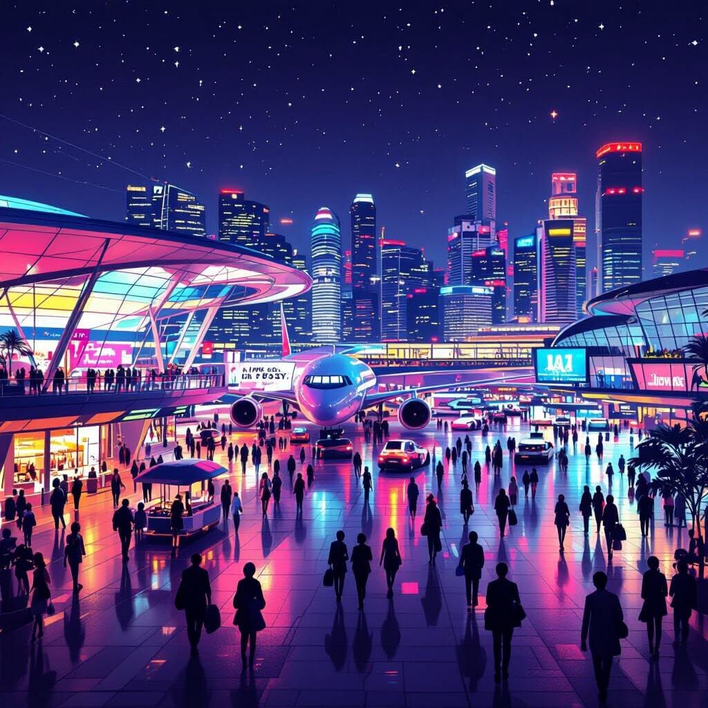 Futuristic Singapore Airport in Neon Style